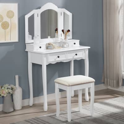 2-piece Sanlo Wooden Vanity Set,4 Drawer Make Up Table with 3-pane Beveled Mirror and Stool