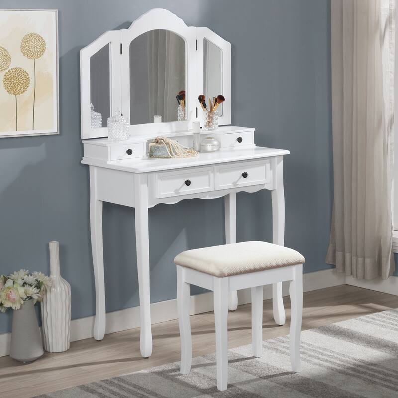Wooden Vanity Table and Upholstered Stool Set, with 3-Panel Mirror and Ample Storage Drawers - White