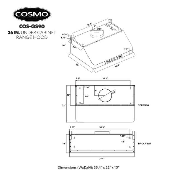 Cosmo 36 in. Ducted Under Cabinet Range Hood with 500 CFM, 4 Speeds