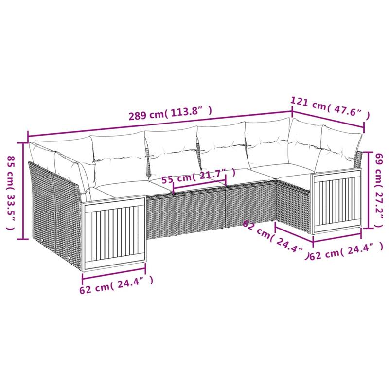 vidaXL Patio Sofa Set with Cushions Outdoor Furniture 7 Piece Poly Rattan - 21.7 x 21.7 x 14.6