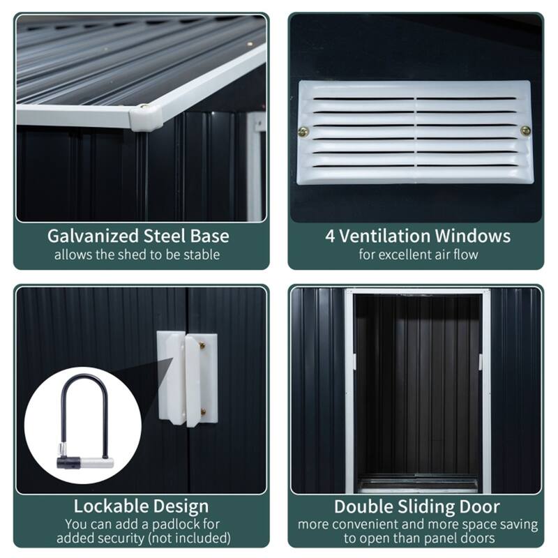 Dark Grey Galvanized Steel Outdoor Storage Shed with Sliding Doors and Vents - 83.75” W x 51.25” D x 72.75” H