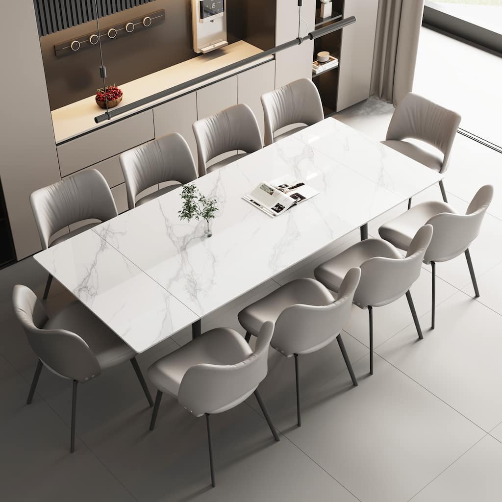 62.9'' to 94.4'' expandable Slate rectangular Glossy White kitchen Stone Top dining table stainless steel legs.