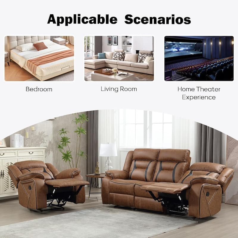 Manual Recliner Sofa Set, Faux Leather Reclining Living Room Furniture Set
