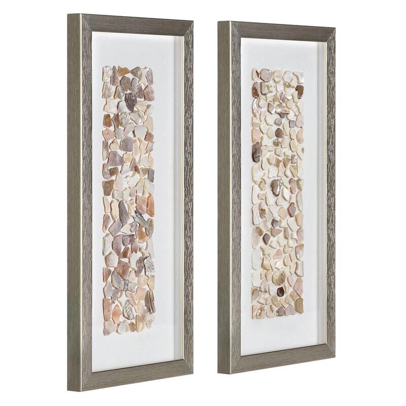 American Art Decor Neutral Seashell Mosaic 3D Textured Wall Art Panel with Champagne Frame, 2 Piece Set - Coastal Beach Decor