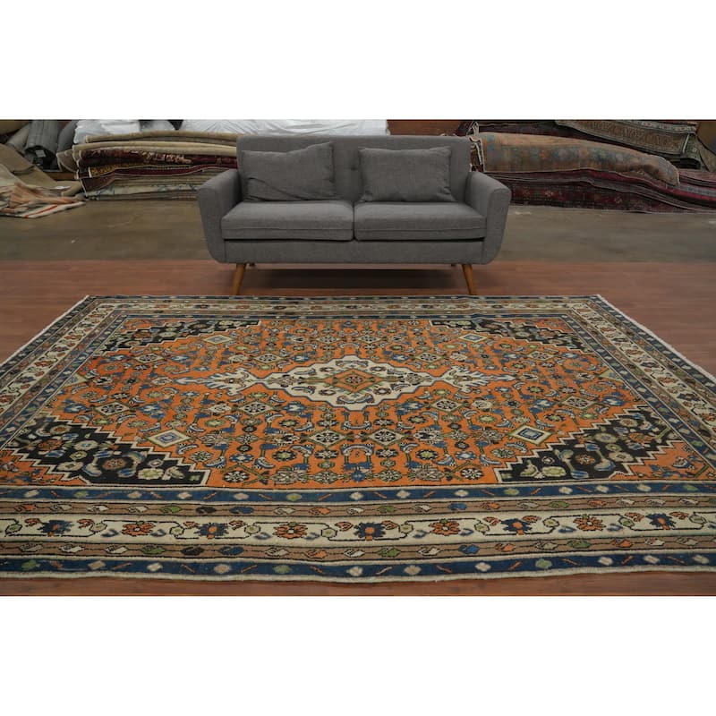 Hand Knotted Oriental 100% Wool Carpet Traditional Medallion Oranges & Rust Hamedan Area Rug - 9' 10'' X 6' 7''