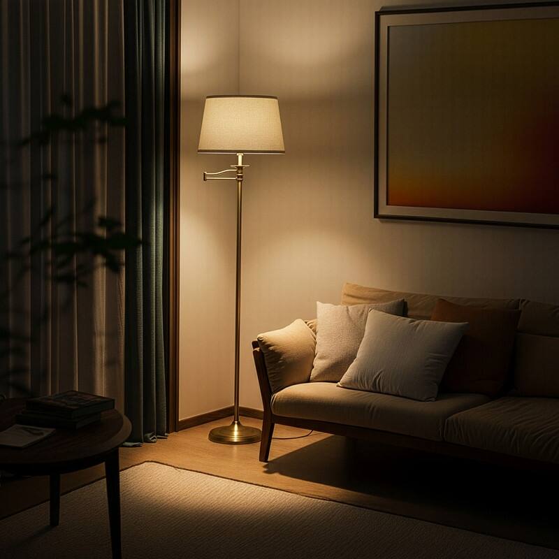 Brightech Caden 60 in. Antiqued Brass Mid-Century Modern 1-Light Extendable Swing Arm LED Floor Lamp with Beige Linen Drum Shade