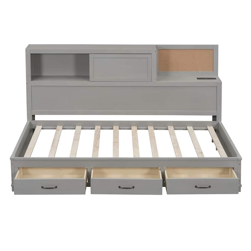 Twin Size Wooden Daybed with Drawers,A Set of Sockets and USB Ports