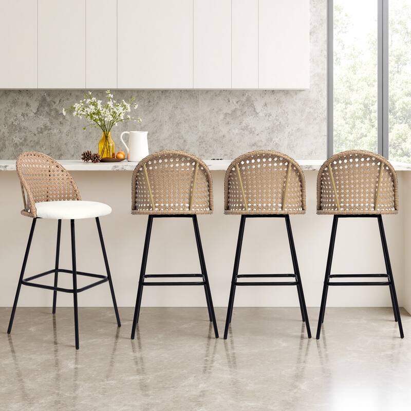 Coastal Rattan Back Counter Height Upholstered Bar Stools