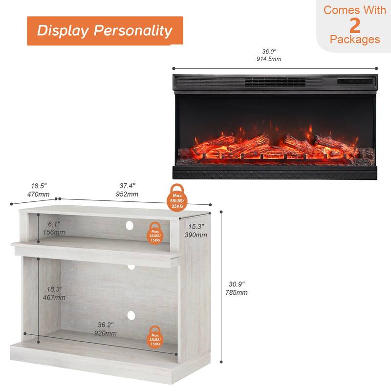 WAMPAT TV Stand with 36 inch 3 Sided Glass Electric Fireplace