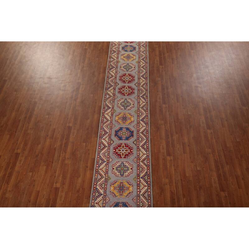 Geometric Kazak Runner Rug Handmade Wool Carpet - 2'7" x 19'4"