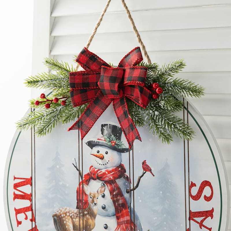 Glitzhome 15"D Wooden Merry Christmas Round Snowman Wall Sign Door Hanger