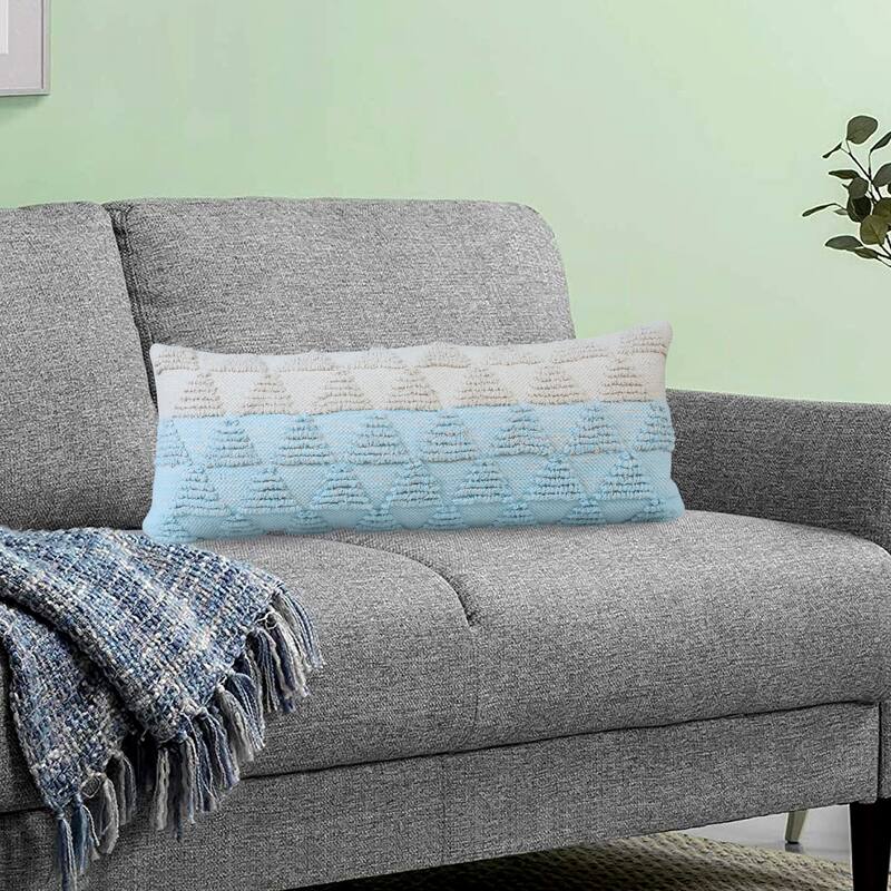 Sevita Contemporary Textured Diamond Cotton Throw Pillow - 14" x 36" - Cotton - Bright Blue/Off-White