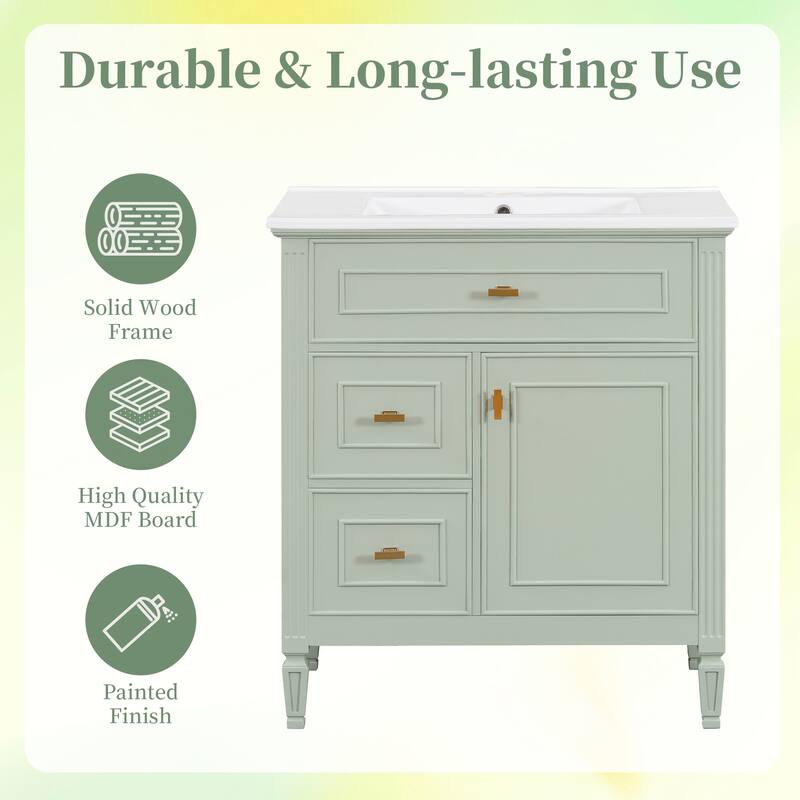 Roomfitters 30" Bathroom Vanity with Ceramic Sink, Solid Wood Frame with Flip Drawer, 2 Side Drawers & Adjustable Shelf