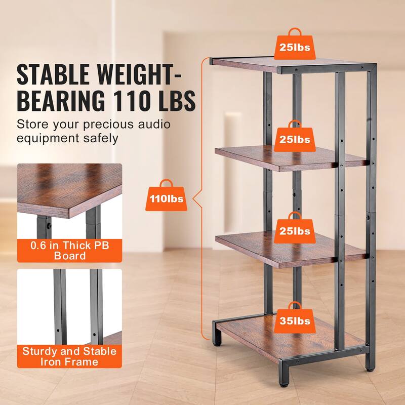 4-Tier Adjustable Media Stand for AV Equipment Wooden Audio/Video Stand - 16.54 x 11.02 x 32.20 in