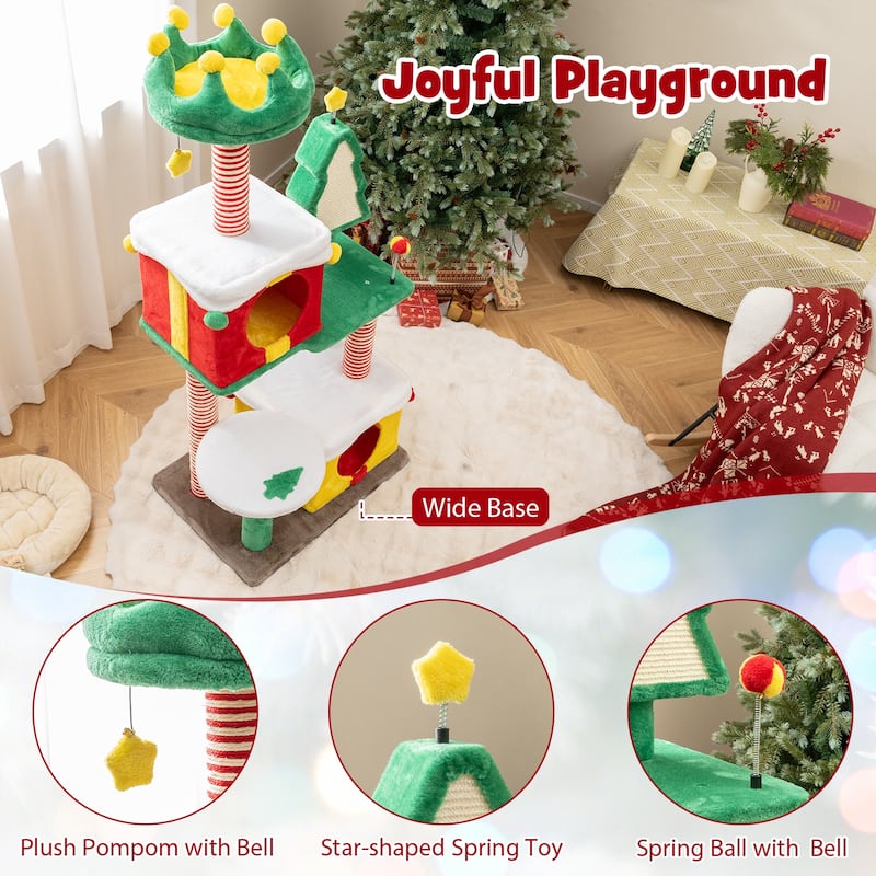 Cute Christmas Cat Tree Cat Tower for Indoor with Scratching Posts and Carpet - 27 x 19 x 61"