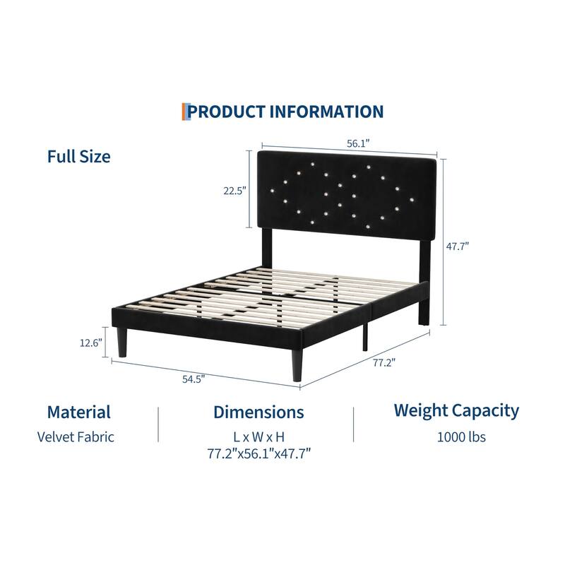 Bed Frames, Velvet Upholstered Bed Frame with Vertical Channel Tufted & Sturdy Wood Slats - Black - Full