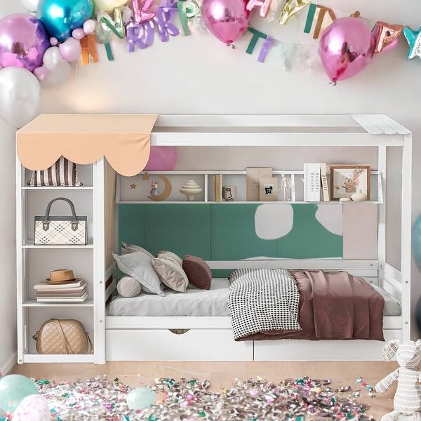 slide 2 of 27, Modern Twin Size House Bed with Two Drawers and Built-in Wardrobe and Sturdy Construction White