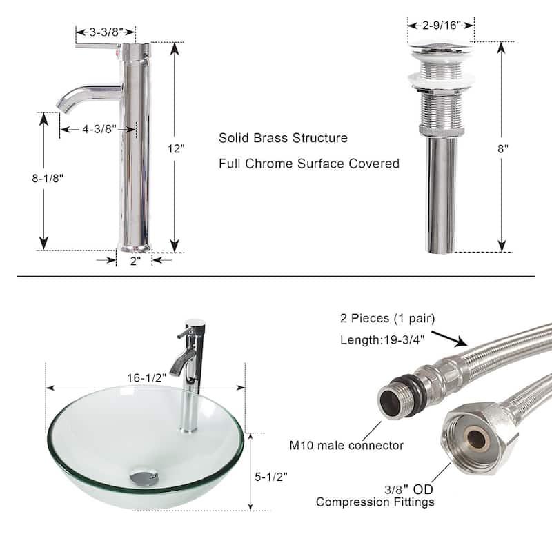 Eclife 16.5" Bathroom Vessel Sink Tempered Glass Round Basin Countertop Bowl Sink with Faucet Pop up Drain