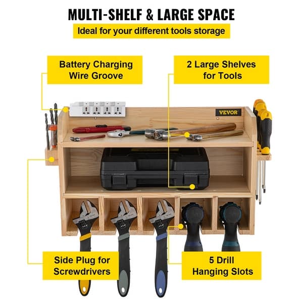 Wall Mount Power Tool Organizer With 8-Outlet Charging Station - Heavy Duty Garage Storage For Drills & Tools