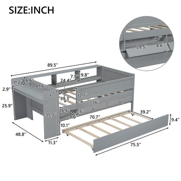 Twin Size Bunk Bed with Built-in Shelves and Storage Drawer, White