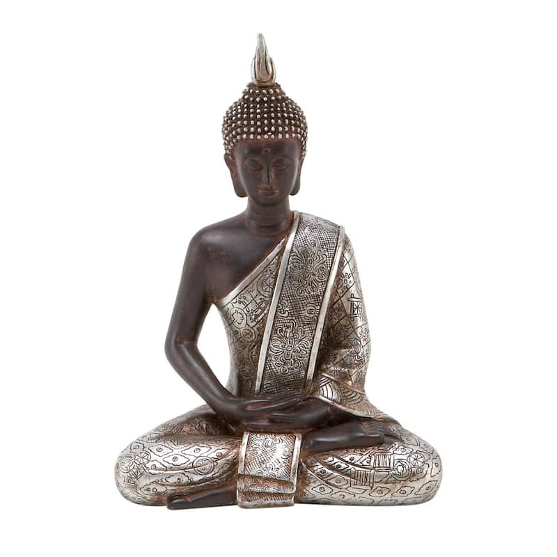 Silver Polystone Meditating Buddha Decorative Sculpture with Engraved Carvings and Relief Detailing - Black