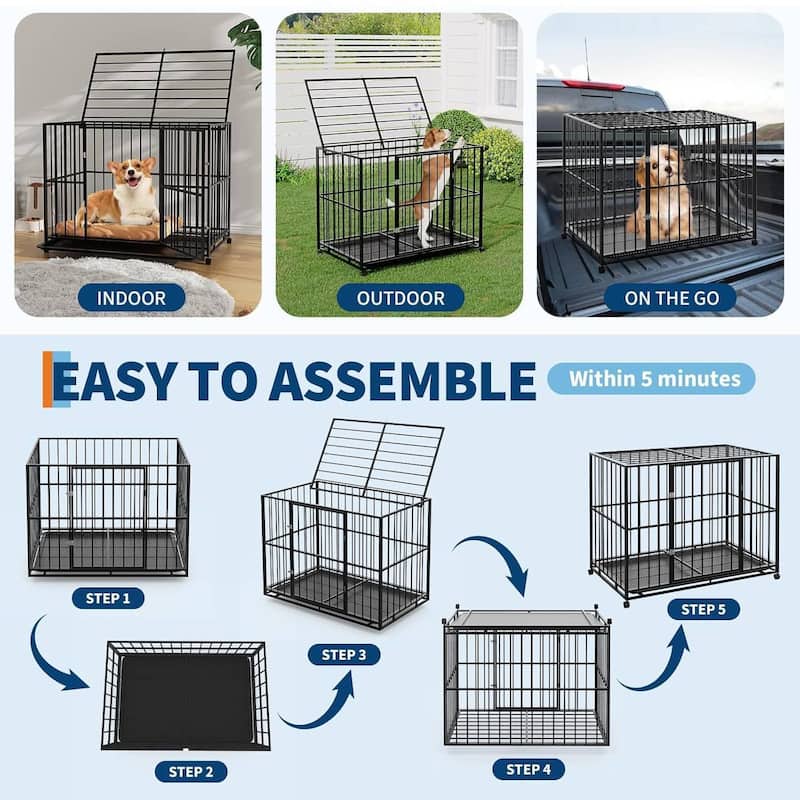 Heavy Duty Foldable Steel Dog Crate Chew-Resistant Kennel with Locking Wheels