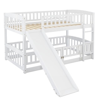 Bunk Bed with Slide, Full Over Full Low Bunk Bed with Fence and Ladder ...