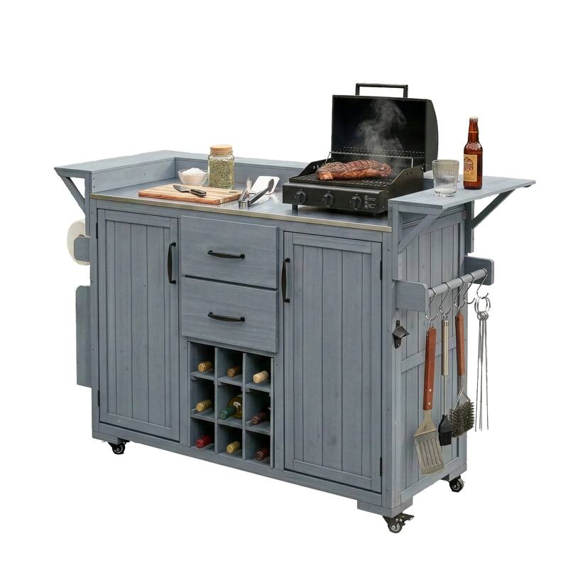Roomfitters Outdoor Grill Cart and Kitchen Island, Stainless Steel Top, Portable Potting Bench with Storage, Wheels