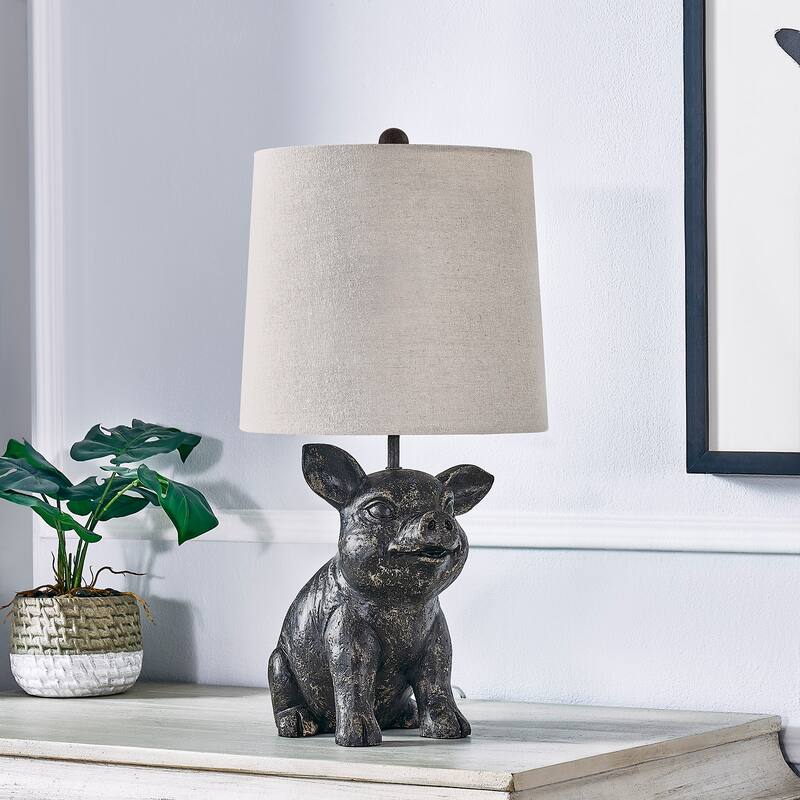 18"H Black Resin Pig Table Lamp With Shade - 9.5" x 9.5" x 18"