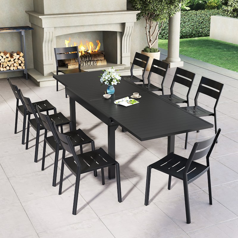 11PC Outdoor Aluminum Dining Set Expandable Rectangle Patio Table with Stackable Chairs