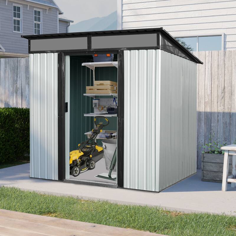 6ft x 5ft Outdoor Metal Storage shed with Lockable Sliding Doors and Transparent plate for Garden, Lawn - White