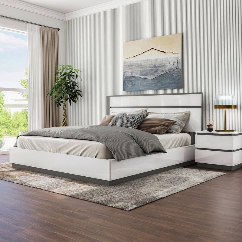 Furniture of America Conjira Modern 2-Piece White Wood Platform Bed and Nightstand Set - Queen