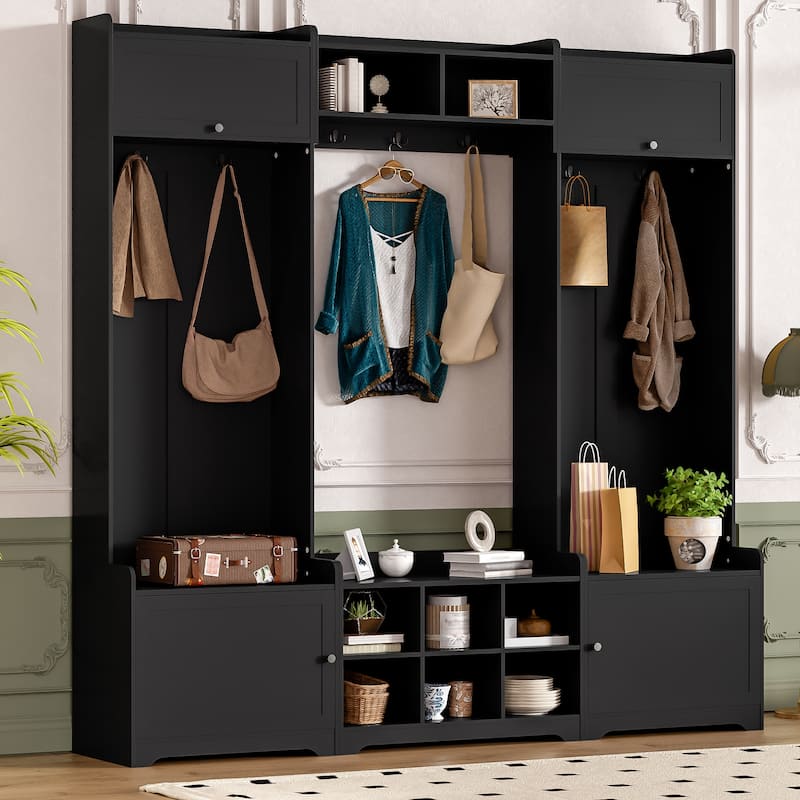 79.1" Wide Modern Hall Tree with Shoe Storage, 8 Cubbies & 7 Coat Hooks - Entryway Bench with Adjustable Shelf