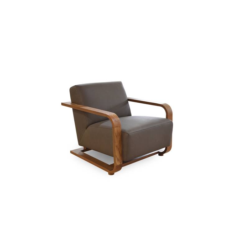 NADAAL STUDIOS Joseph Lounge Chair, Solid Oak Frame with Top Grain Leather and Foam Cushioning, Cool Brown