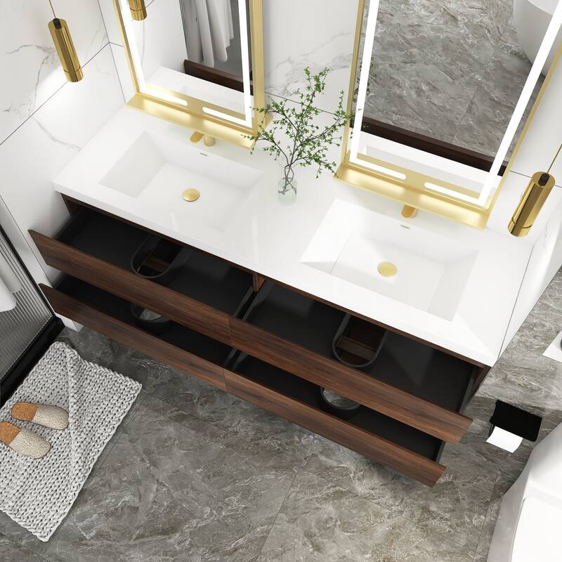MDF Wall-Mounted Bathroom Vanity Set in Rose Wood with Integrated Culture Marble Sink