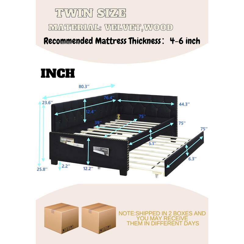 Black Upholstered Twin Size Daybed Bed Frame (Corner Bed) With Trundle - Black