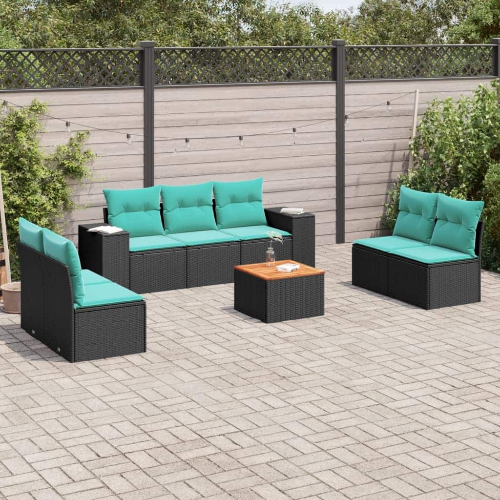 vidaXL 8 Piece Patio Sofa Set with Cushions Black Poly Rattan - 21.7 x 24.4 x 27.2