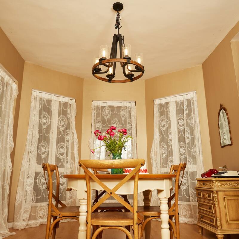 6 Light Shaded Wagon Wheel Chandelier - 24.23"x32.31"