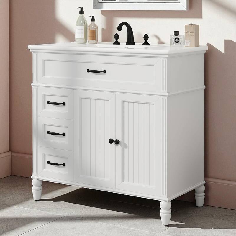 36" Bathroom Vanity with Sink, Freestanding Cabinet with 2 Drawers & Double Doors, Solid Wood Frame, Soft-Close Design - White