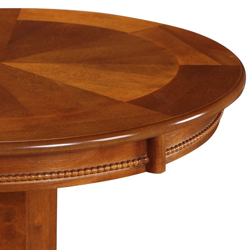 Ava 42 Inch Wood Pub Bar Table, Sunburst Design, Carved Pedestal, Walnut