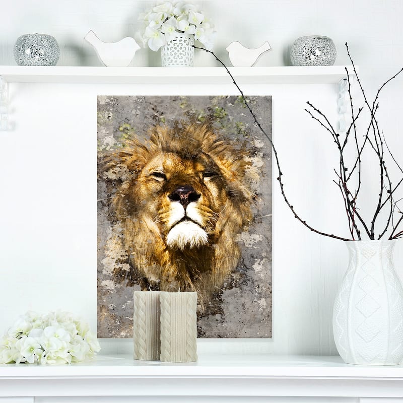 Designart "Lion Head with Textures" Animal Canvas Art Print - 12 in. wide x 20 in. high