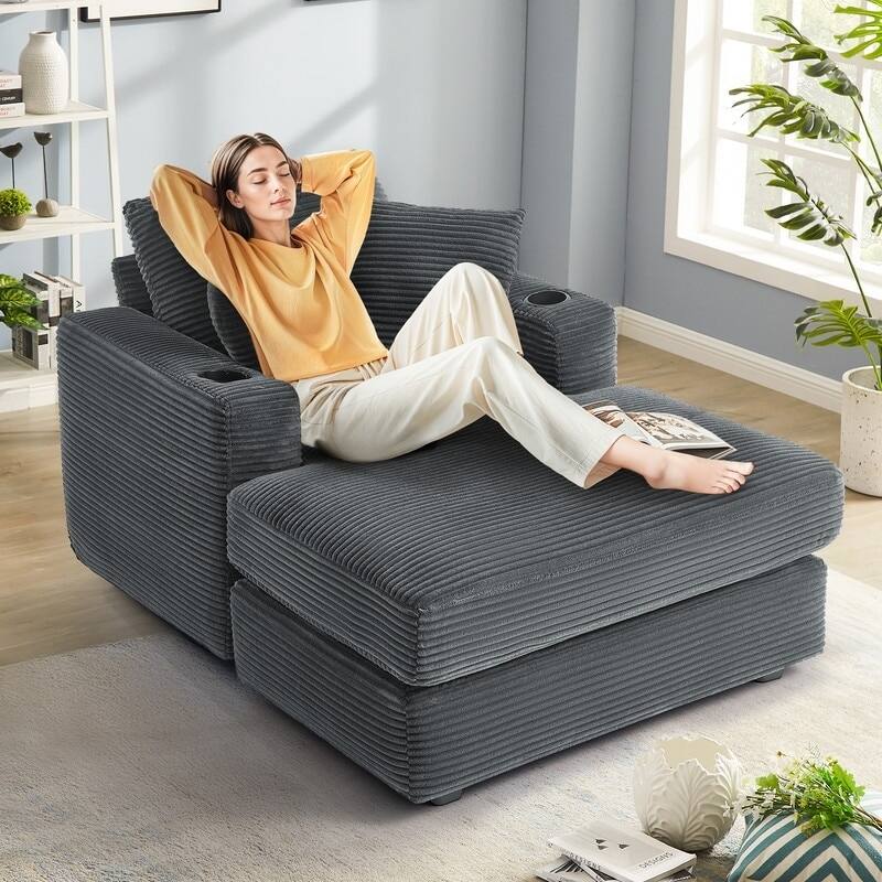 Oversized Corduroy Chaise Lounge Chair with Throw Pillows and Built-In Cup Holders