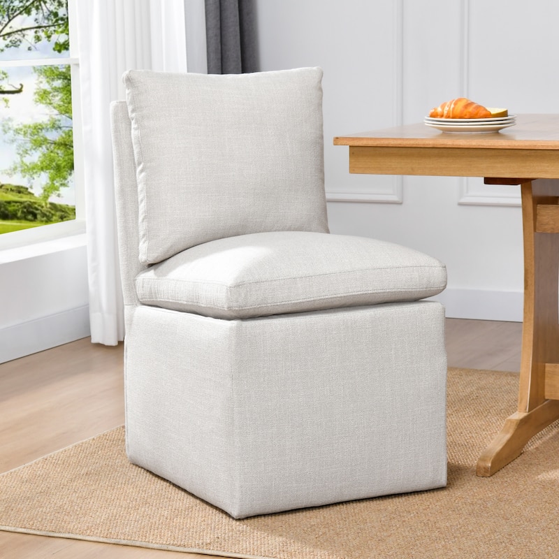 Upholstered Swiveling Rolling Linen Dining Chair - Single - Armless-Cream