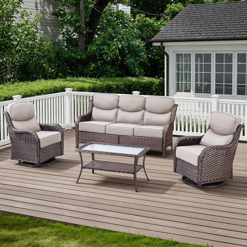Arcadia 4-Piece Wicker Patio Conversation Set with Swivel Gliders and 6-Inch Thick Olefin Cushions