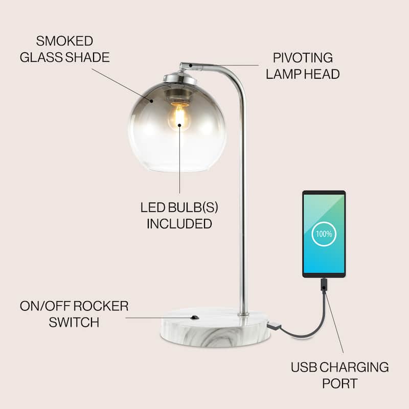 Penta 20" Industrial Contemporary Iron/Glass LED Task Lamp with USB Charging Port, Chrome/Smoke Gray by JONATHAN Y