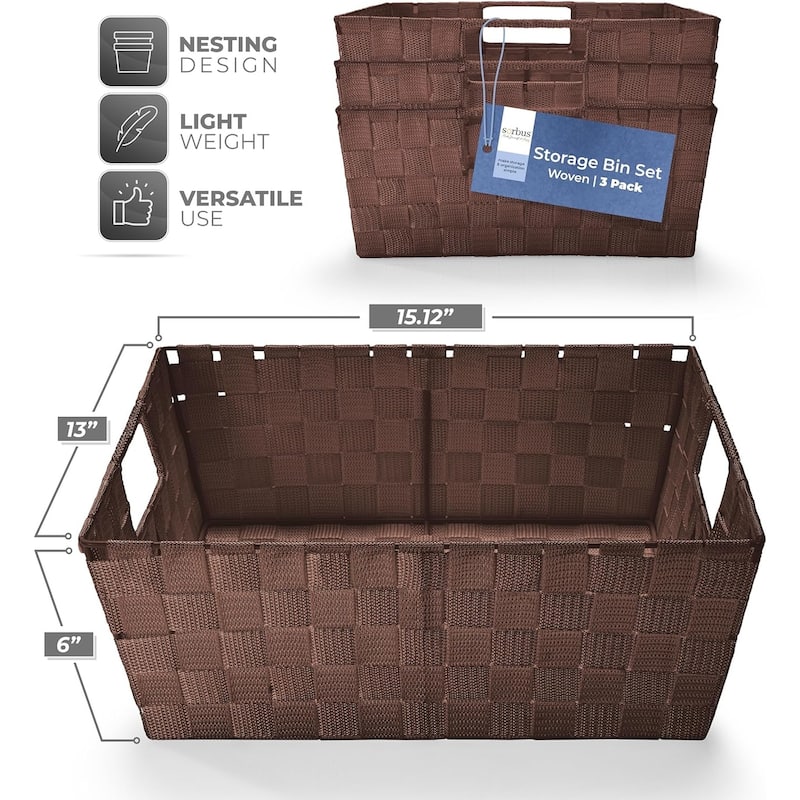 Sorbus Woven Basket Bin Shelf Storage Stackable with Woven Straps & Built-in Carry Handles - Set of 3 - 15.12" L x 13" W x 6" H