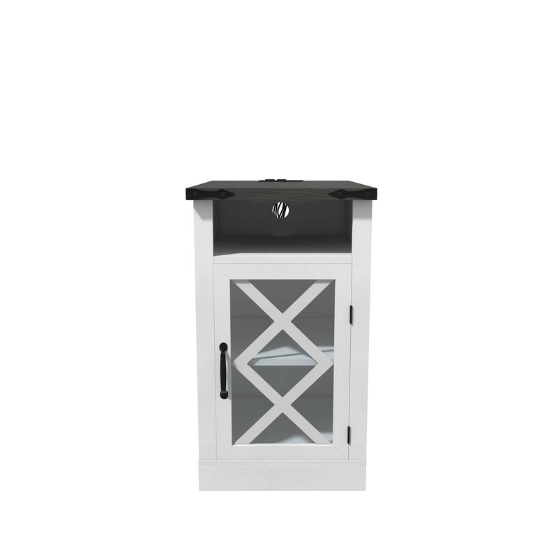 Farmhouse End Table with Charging Station, Rustic Nightstand with Barn Door & Adjustable Shelf, with 3-Tier Storage