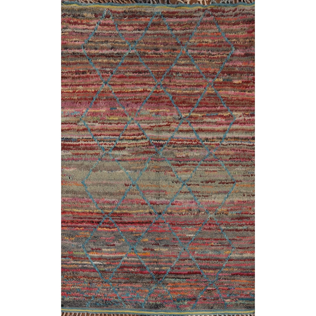 Striped Trellis Moroccan Area Rug Handmade Wool Carpet - 5'8" x 9'9"