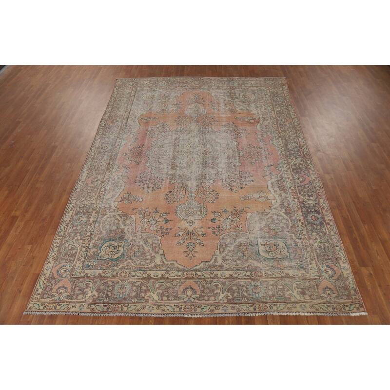 Orange Tabriz Persian Vintage Area Rug Handmade Wool Carpet - 7'9"x 11'0"