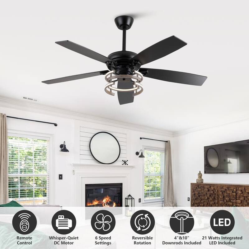 52" Farmhouse Matte Black Reversible Integrated LED Dimmable Reversible Ceiling Fan with Light and Remote